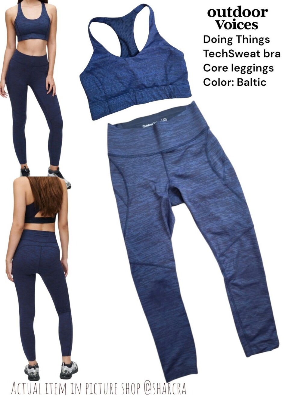 Outdoor Voices Women's set Doing Things TechSweat bra Core leggings Xs Navy Blue